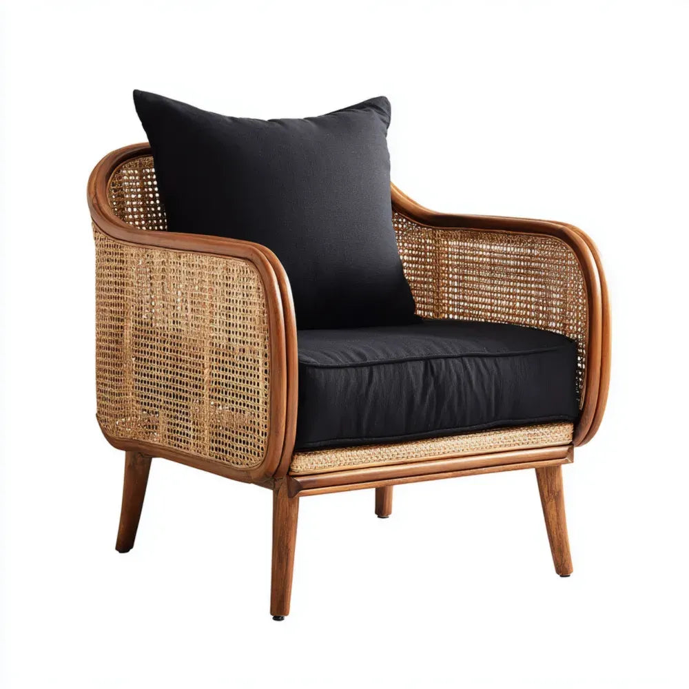 Armchair Cane Weave 80x75x85 cm - Black Cushion - Mid-Century Style