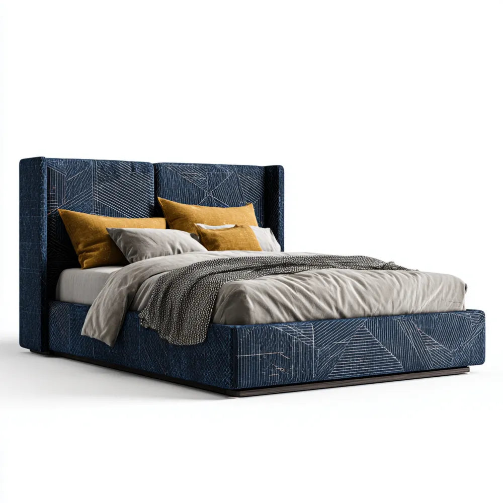 Double Bed Upholstered Fabric 200x160x100 cm - Blue - Modern Design