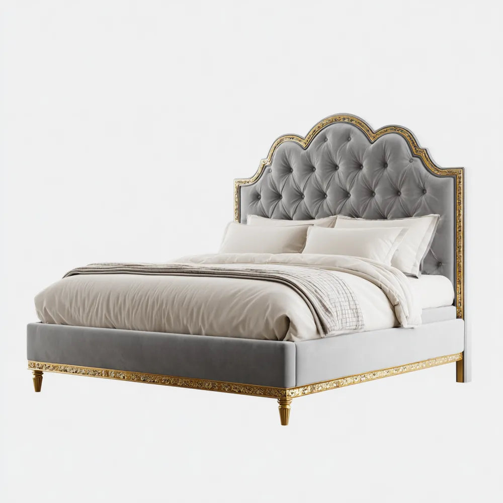 Double Bed 210x160x120 cm Velvet Upholstered with Gold Accents – Grey – Classic Design