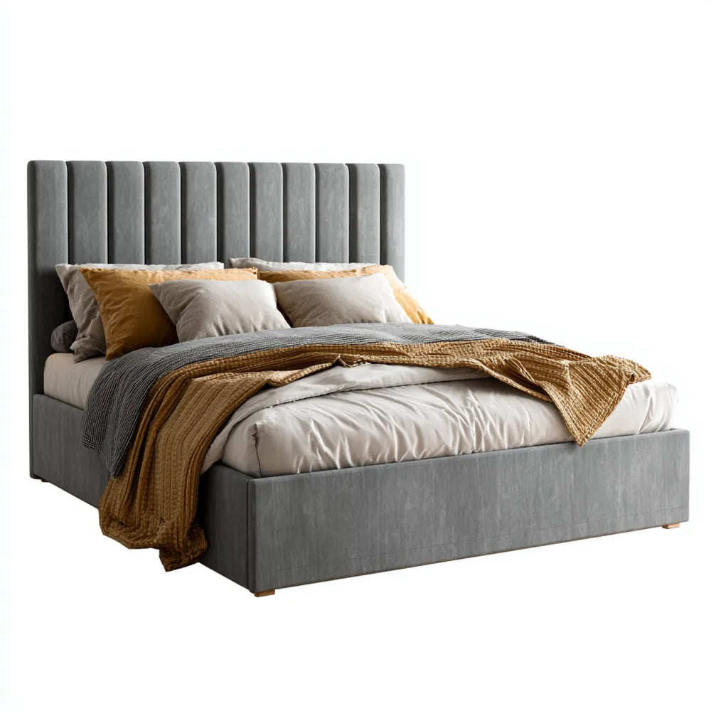 Double Bed Velvet Upholstered 200x160x120 cm – Dark Gray – Modern Design