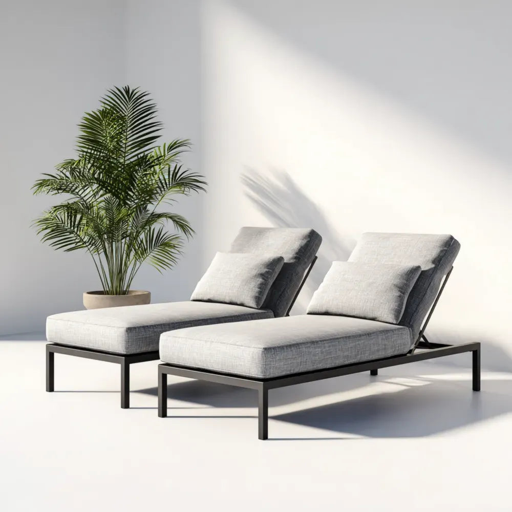 Outdoor Patio Recliner Set 200cm x 60cm x 35cm - Grey Fabric Upholstery with Metal Frame - Modern Design