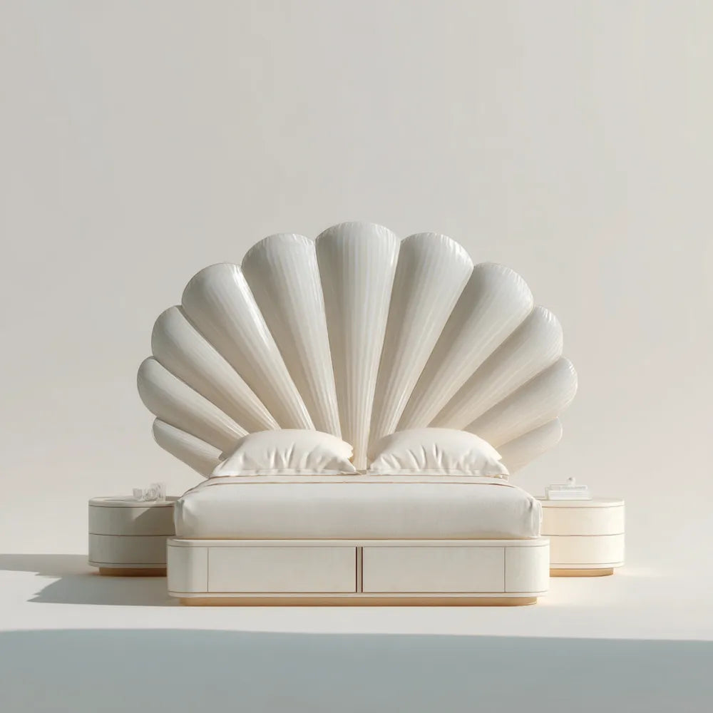 Double Bed Upholstered Shell Headboard 200x160x120 cm - Cream - Art Deco Style